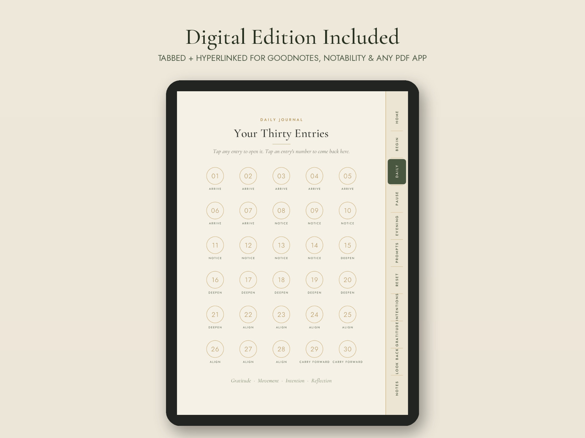 The GratefulRise Digital iPad Journal showing its thirty daily entries