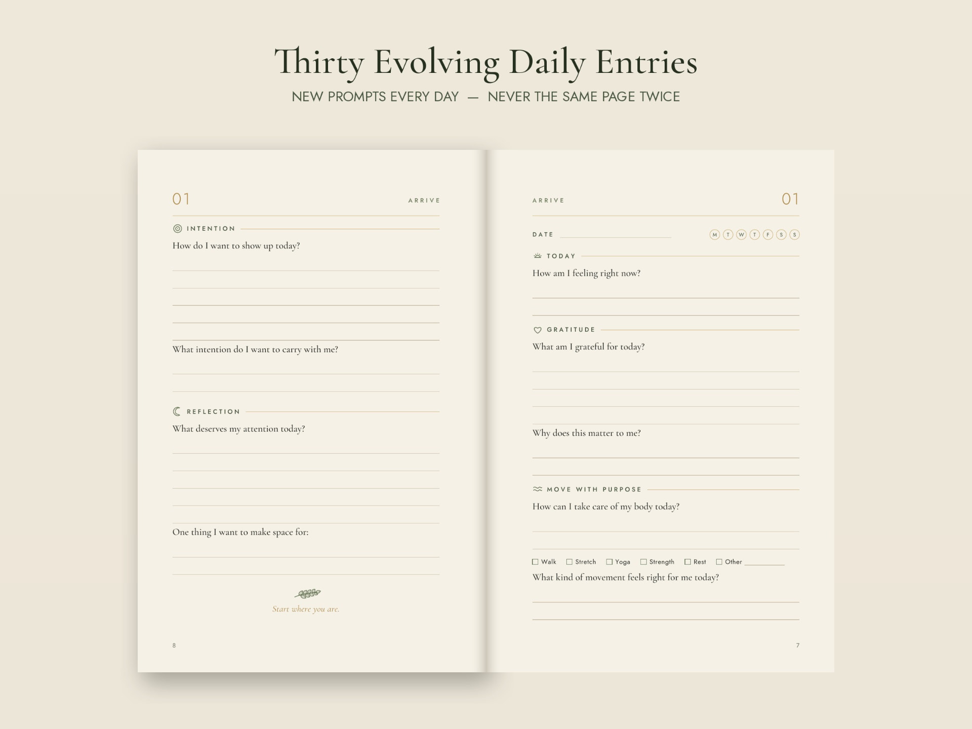 An open spread of daily entry 01, Arrive, with intention, gratitude and movement prompts