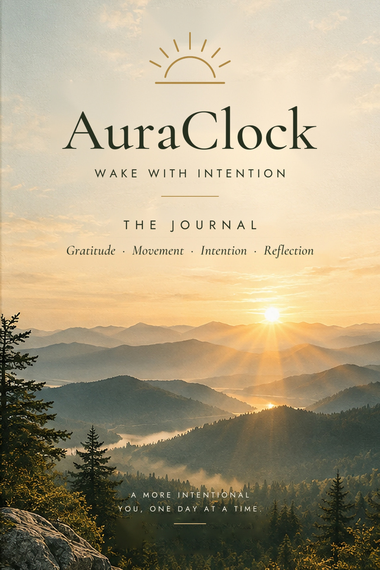Front cover of The GratefulRise Journal: a sunrise over misty mountains