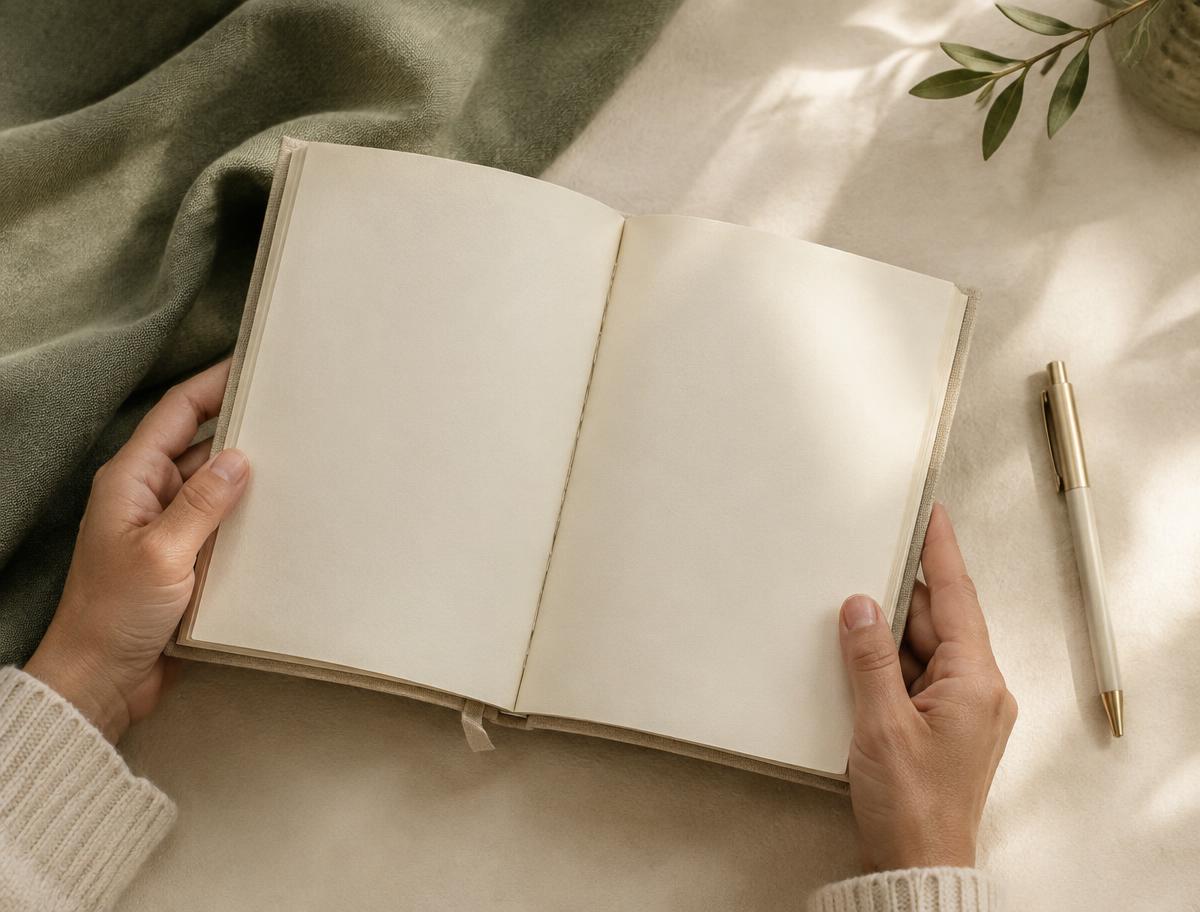 Hands holding an open journal in morning light